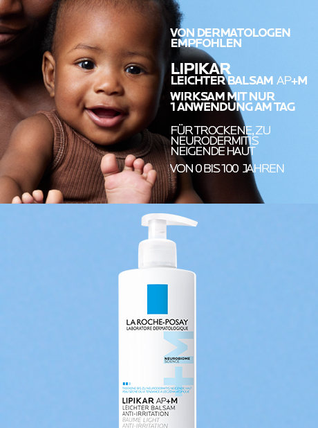 Baby und La Roche-Posay Lipikar Balsam AP+M. Text: Wirksam mit nur 1 Anwendung am Tag. Für trockene Haut.